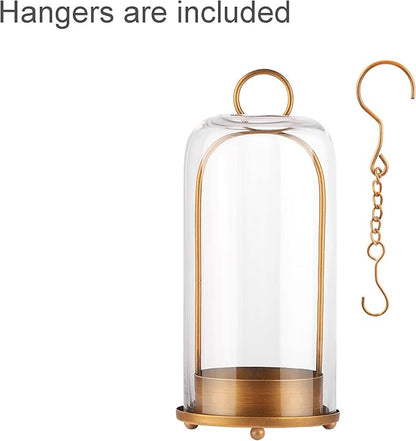 12" High Versatile Modern Metal Hurricane Lantern with Handmade Sturdy Glass Dome for 3" Pillar Candle & Plants (Brass, 5"x12")