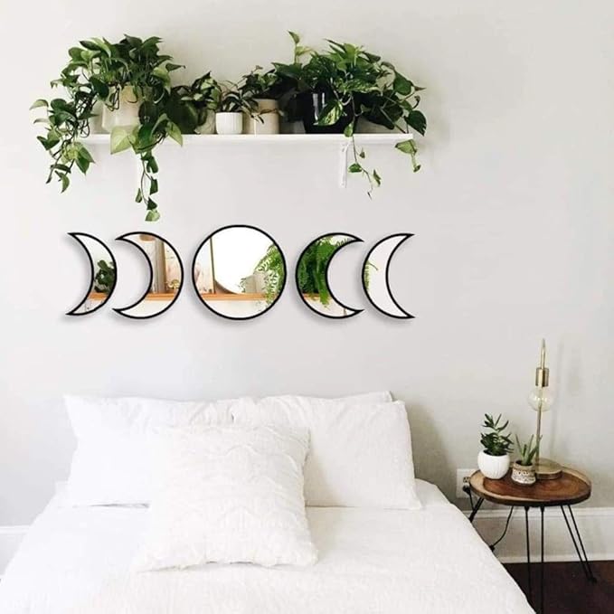 5 pcs Scandinavian Natural Decor Acrylic Moonphase Mirrors Interior Design Wooden Moon Phase Mirror Bohemian Wall Decoration for Home Living Room Bedroom Decor - No Need to Punch (Black)