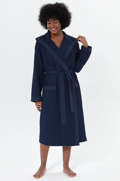 Women’s Luxury Waffle Shawl Collar, Hooded Robe w Piping – Lightweight, Long, Ultra Soft Spa Sleepwear Bathrobe