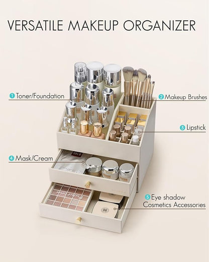 Vlando Makeup Organizer for Vanity,Large Capacity Countertop Organizer with Drawers, PU Leather Cosmetic Display Case for Lipstick,Brushes,Skincare,Bedroom Storage (Beige)