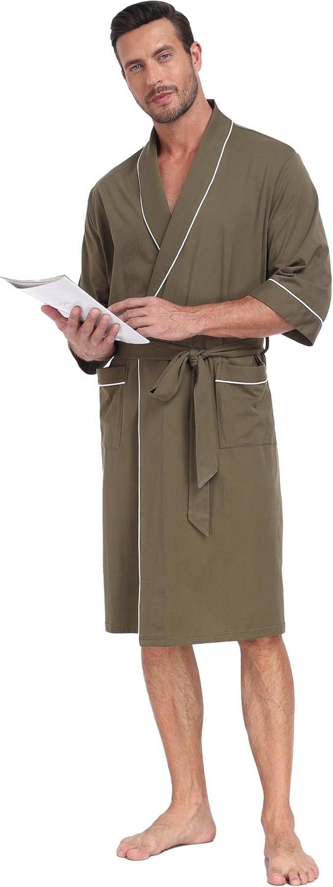 CF Men's Robe Cotton Bathrobe Soft Short Sleeve Bath Robes Shower Robe for Spa Soft Kimono Lightweight Sleepwear with Pockets