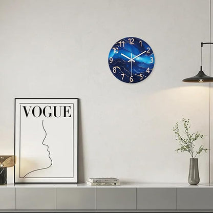 Glass Wall Clocks Battery Operated 14 Inch Modern Abstract Wall Clock for Bedroom Blue Wall Clock Silent Non Ticking