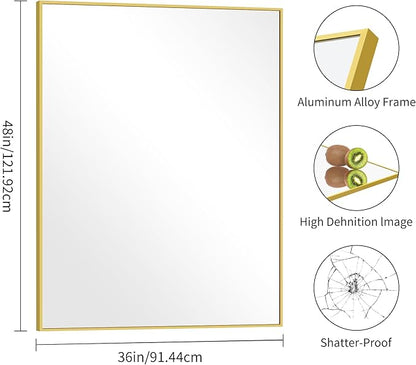 36x48inch Bathroom Mirror, Gold Rectangle Mirror with Thin Metal Frame, Large Rectangular Wall Mirrors for Bathroom, Living Room, Hair Salon, Big Farmhouse Mirror Hang Horizontal/Vertical
