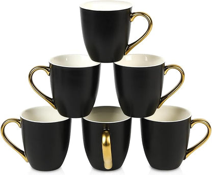vicrays Coffee Mug Set, 11 Ounce, Set of 6, Ceramic Mug for Men, Women, Unique Glazed Mugs with Handle for Coffee, Tea, Milk, Cocoa, Cereal(Black with Golden)