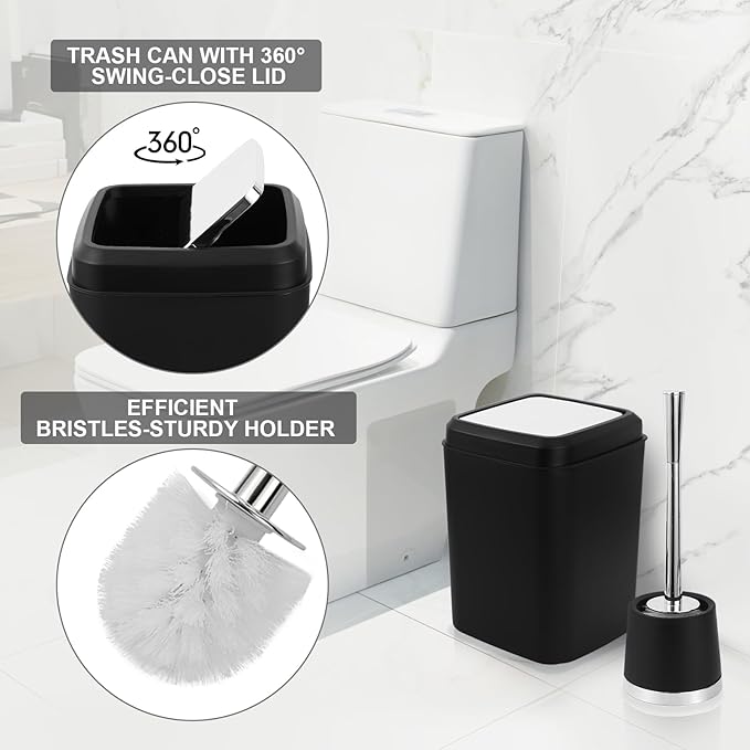 Black Bathroom Accessories Set - 10 Piece Bathroom Set with Trash Can and Toilet Brush, Soap Dispenser, Toothbrush Holder and Cup, Soap Dish, and Qtip Holder, for Housewarming Gift