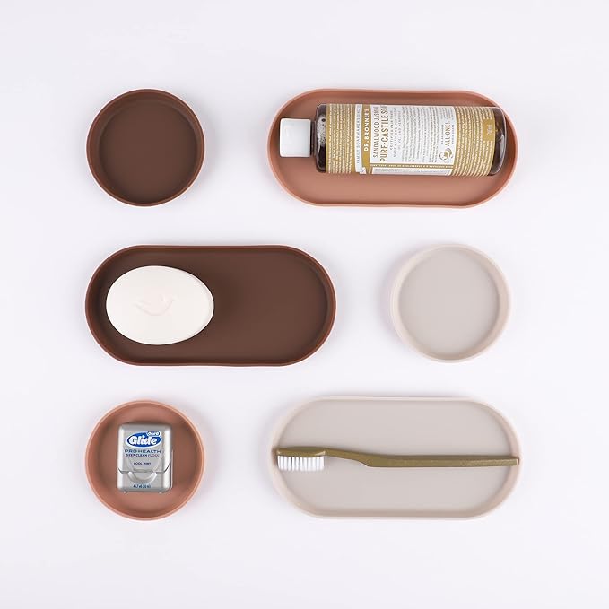 Blue Ginkgo Mini Silicone Trays – Set of 6 Easy-Clean Organizers for Bathroom, Kitchen, Desk, Vanity, and Cosmetics (Brown, Tan, Ivory)