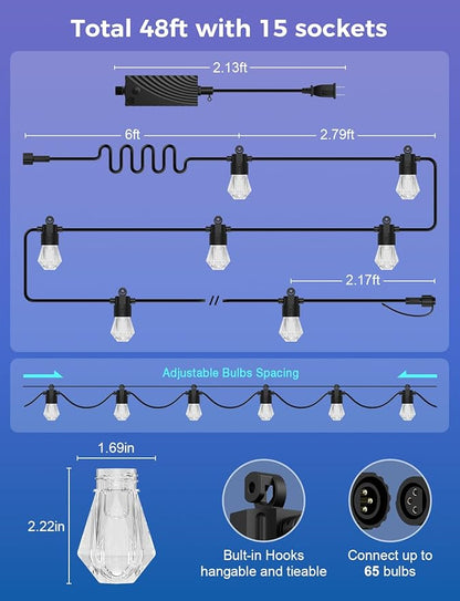 XMCOSY+ 48FT Smart Outdoor String Lights - RGBCWIC Dimmable Acrylic Bulbs, Color Changing LED Patio Lights APP WiFi Control, Compatible with Alexa, IP65 Waterproof Outside Lights for Yard Porch