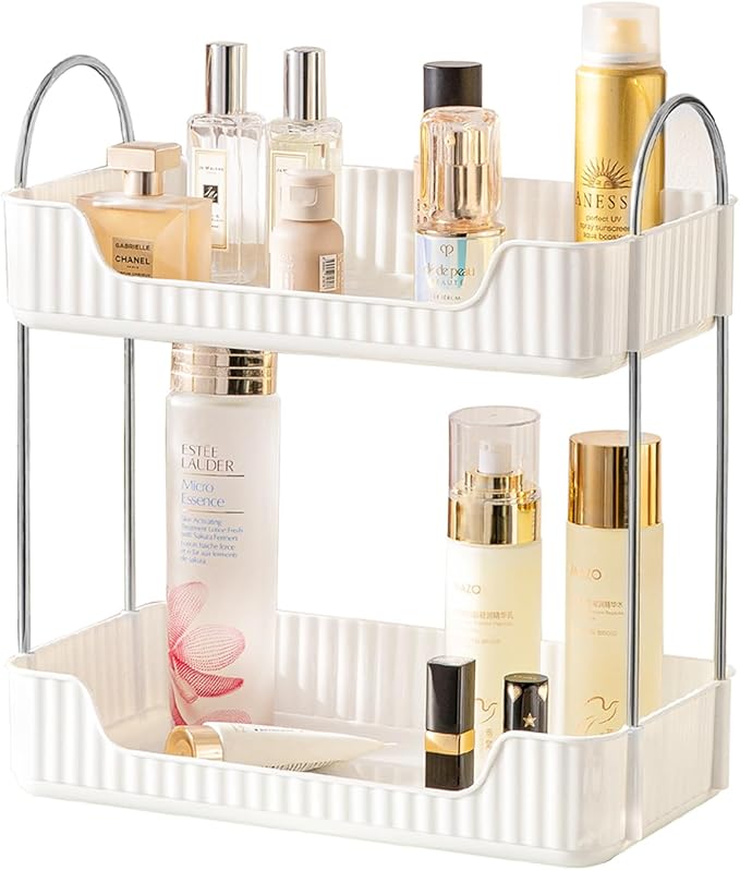 Bathroom Counter Organizer Countertop Storage, Cosmetics Skincare Shelf Organizer, Makeup Organizer Perfume for Dresser Vanity Tray, Spice Rack Organizer for Kitchen(2 Tier-Cream white)