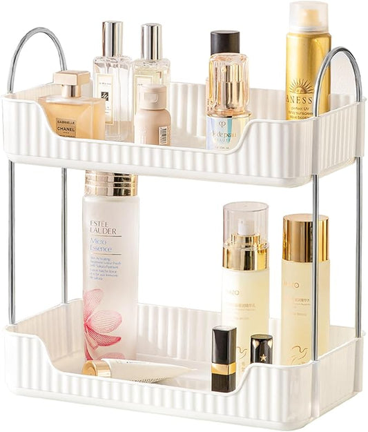 Bathroom Counter Organizer Countertop Storage, Cosmetics Skincare Shelf Organizer, Makeup Organizer Perfume for Dresser Vanity Tray, Spice Rack Organizer for Kitchen(2 Tier-Cream white)