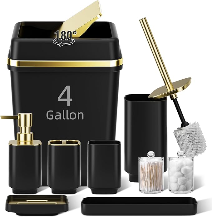9PCS Bathroom Accessory Set, Black Bathroom Set with Large-Capacity 4 Gallon Trash Can, Bathroom Accessories Set Complete, Toothbrush Holder, Soap Dispenser, Toilet Brush, Bathroom Decor