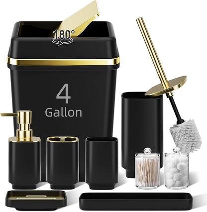 9PCS Bathroom Accessory Set, Black Bathroom Set with Large-Capacity 4 Gallon Trash Can, Bathroom Accessories Set Complete, Toothbrush Holder, Soap Dispenser, Toilet Brush, Bathroom Decor