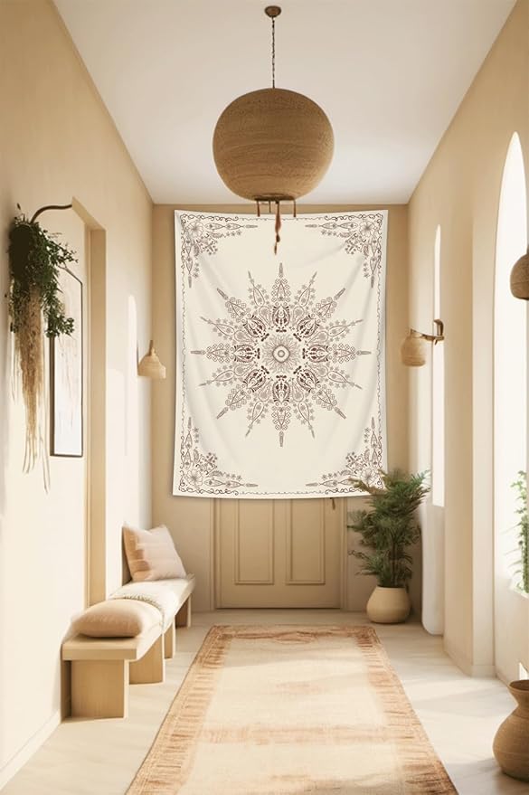 FORATER Floral Bohemian Tapestry, Flower Aesthetic Indian Wall Hanging Boho Tapestries Mandala Room Decor Tapestry for Bedroom Living Room Dorm (Flaxen, 82L x 61W)