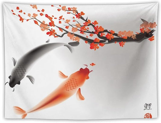 Houselerax Japanese Koi Fish Tapestry, Cherry Blossoms Asian Oriental Flower Branch Koi Fish Carp Tapestries Wall Hanging for Bedroom Living Room Office Decor 90"x60"