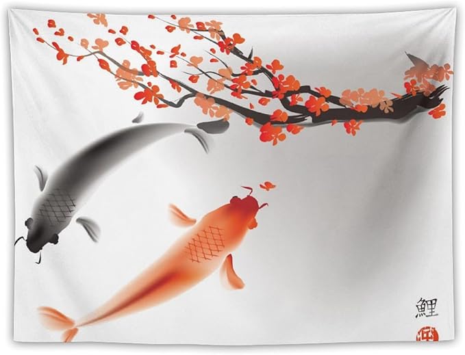 Houselerax Japanese Koi Fish Tapestry, Cherry Blossoms Asian Oriental Flower Branch Koi Fish Carp Tapestries Wall Hanging for Bedroom Living Room Office Decor 80"x60"