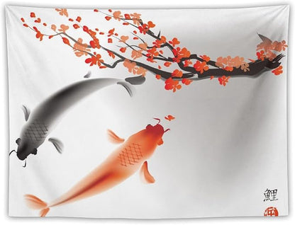 Japanese Koi Fish Tapestry, Cherry Blossoms Asian Oriental Flower Branch Koi Fish Carp Tapestries Wall Hanging for Bedroom Living Room Office Decor 60"x40"