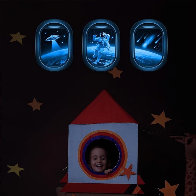 Quanhaigou Glow in The Dark 3D Space Wall Decals, Set of 3 Galaxy Window Stickers for Wall,Planet Themed Room Decor for Kids Boys