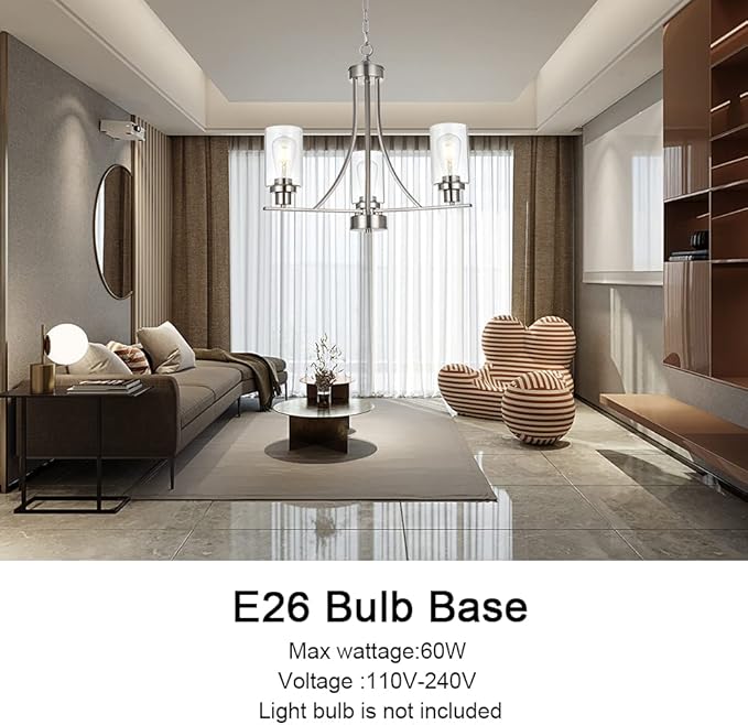 BONLICHT Contemporary Chandelier 3 Light Brushed Nickel Modern Lighting Fixtures Hanging Clear Glass Shades Pendant Light Classic Ceiling Lamp for Kitchen Dinging Room Living Room Bedroom Hallway
