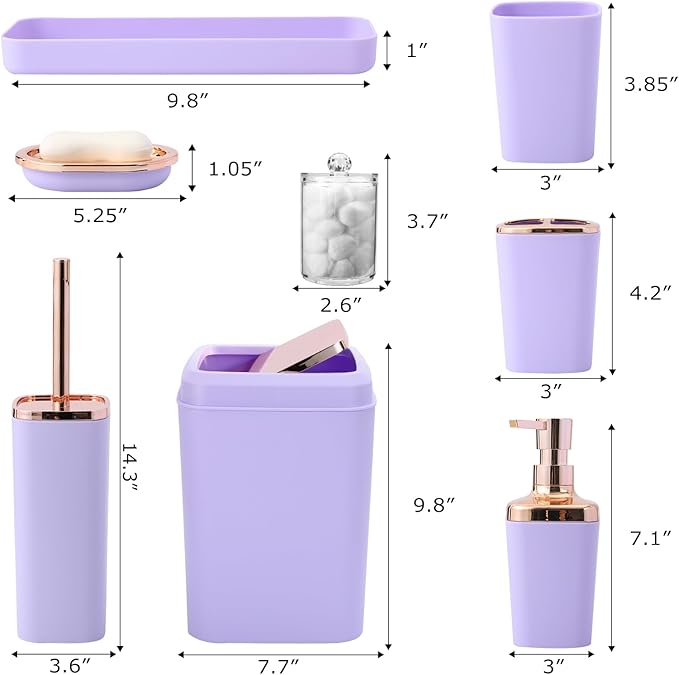 9-Piece Bathroom Accessories Set, Purple Bathroom Accessories Sets Complete with Trash Can,Tray,Soap Dispenser,Toothbrush Holder,Toothbrush Cup,Soap Dish,Toilet Brush and Q-tip Holders