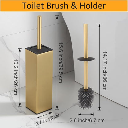 BGL Standing Toilet Brush and Holder Brushed Gold Aluminium Toilet Bowl Cleaner Brush and Holder for Bathroom Storage and Organization, Square Design Sturdy and Space Saving