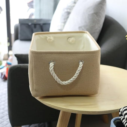 TheWarmHome Decorative Basket Rectangular Small Storage Basket Fabric Storage Bin Organizer Basket with Handles for Clothes Storage (Beige, 11.8L×7.9W×5.2H inch)