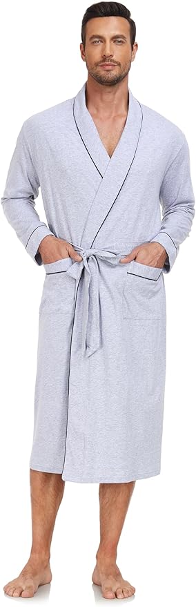COLORFULLEAF Mens 100% Cotton Robes Lightweight Summer Long Bathrobe Sleepwear Soft Knit Spa Robe with Pockets
