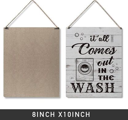 Qious Laundry Sign Gift Farmhouse It All Comes Out in the Wash Wooden Hanging Sign Plaque Rustic Wall Art Decor for Home Laundry Decoration 10 x 8 Inches
