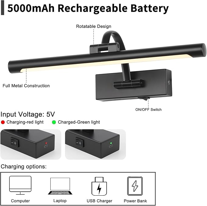 Picture Lights Battery Operated with Remote and Dimmable Function, Rechargeable Gallery Light Black Art Light Wireless Painting Lights 16'' Inch for Display, Portrait, Artwork, Warm White