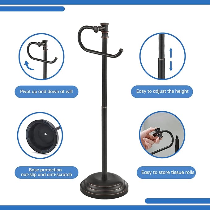 RUMOSE Toilet Paper Holder Stand for Floor, Oil Rubbed Bronze Adjustable (12.4" to 22.8") Bathroom Toilet Tissue Holder, Free Standing Toilet Paper Roll Holder with Storage, Stainless Steel