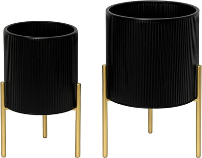 ARNIS Modern Planter Pots, Set of 2 Round Large Planters with Stand, Decorative Planters, Metal Pots with Drainage Holes for Living Room, Office, Garden or Balcony, 8.25 &10.5 Inch, Black & Gold