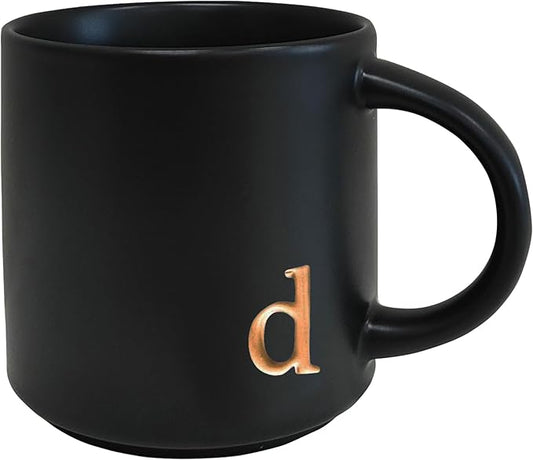 COLLECTIVE HOME - Black Monogram Ceramic Mugs, 15 oz Golden Initial Coffee Cups, Elegant Alphabet Tea Mugs, Personalized Halloween Mug with Gift Box, Perfect for Office and Home Décor (d)