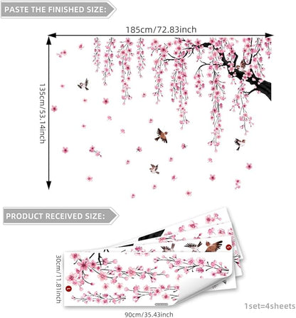 Runtoo Large Cherry Blossom Tree Wall Decals Peel and Stick Pink Floral Wall Art Stickers for Living Room Bedroom Nursery Flower Decor