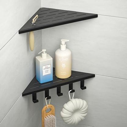10‘’ Corner Shower Shelf, 304 Stainless Steel Shelves for Bathroom, Grout in Shelf with Hooks for Tiled Wall (Matte Black)