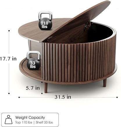 Round Coffee Table with Storage,Fluted Center Table with Sliding Cabinet Door for Living Room,Home Small Space,31.5" Small Center Table,Walnut