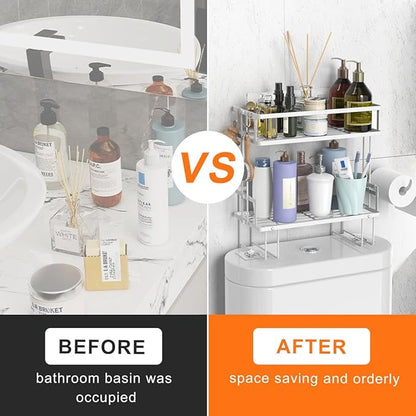 Over The Toilet Storage Shelf, 2-Tier Bathroom Storage Organizer Upgrade Punch-Free Toliet Storage Shelf, Home Storage Rack with Hooks Shelf,White