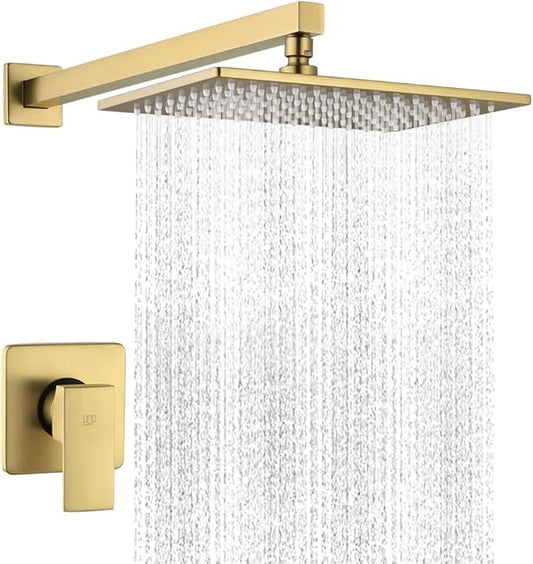 POP SANITARYWARE Shower Faucet Set Brushed Gold Bathroom Rainfall 12 Inch Shower Head and Handle Set Wall Mounted Shower System Single Function Shower Fixture, Include Shower Valve and Trim Kit
