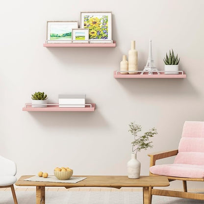 Pink and White Floating Shelves, Kawaii Room Decor Wall Shelves - Set of 3 for Living Room, Bedroom, Kitchen, Picture Frames, Plants