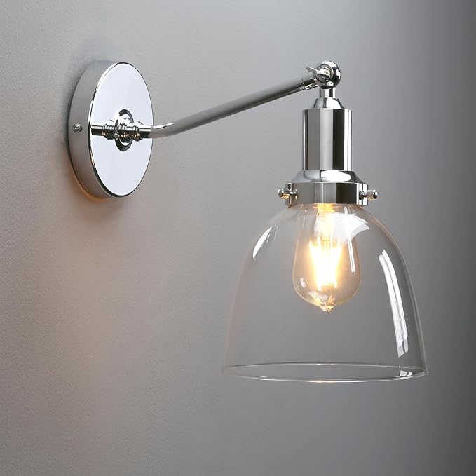 PERMO Industrial Vintage Wall Sconce Chrome Wall Sconce with 6.7" Oval Dome Clear Glass Shade Light Lamp Fixture