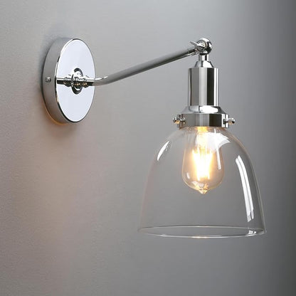 PERMO Industrial Vintage Wall Sconce Chrome Wall Sconce with 6.7" Oval Dome Clear Glass Shade Light Lamp Fixture