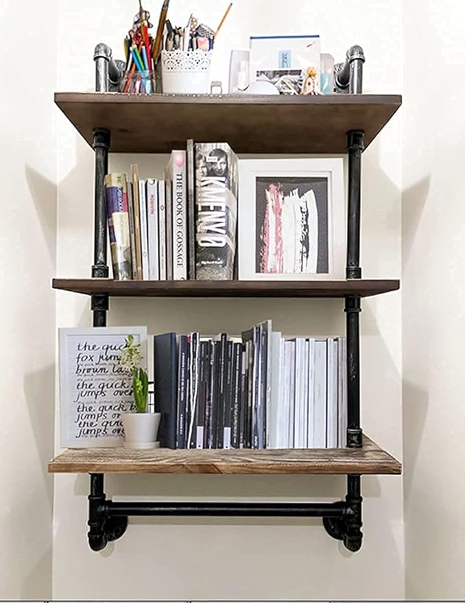 DR.IRON Industrial Pipe Shelving Rustic Bathroom Shelves with Towel Bar, 24" Pipe Shelf Wall Mounted, Farmhouse Bathroom Shelf Storage (3 tier-24)