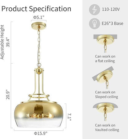 WUZUPS Gold Chandelier Rustic Farmhouse Industrial Round Ceiling Pendant LED Light Fixture with Gradient Glass Shade for Dining Room Kitchen Island Foyer Entryway, H 20.9" W 15.9", E26 Base