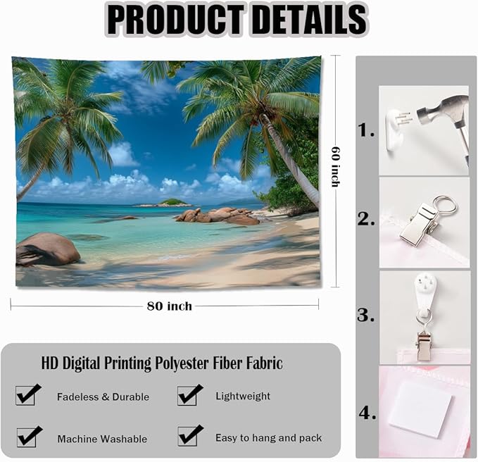 keowhsf Beach Summer Ocean Tapestry – Tropical Palm Trees Wall Hanging Decor with Blue Sky and Seaside Scenery, Nature Landscape Tapestry for Bedroom Living Room Dorm