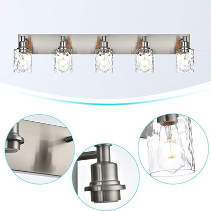 BONLICHT 5 Lights Sconces Wall Lighting Brushed Nickel with Hammered Glass Shade, Industrial Bathroom Light Fixtures Vanity Lights Porch Light Fixtures Classic Metal Wall Mount Lamp Over Mirror