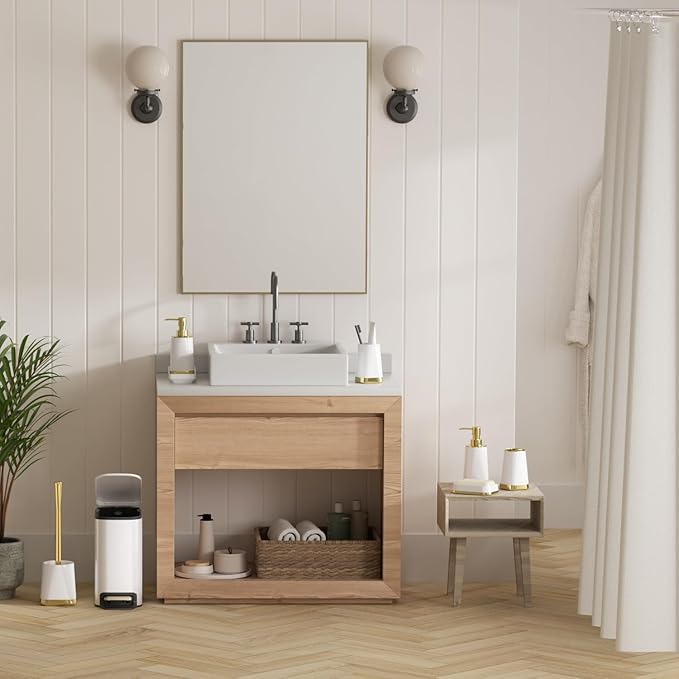 Bathroom Accessories Set- 8PC White Bathroom Set, Luxury Bathroom Set with Stainless Steel Bathroom Trash Can, Toilet Brush, Toothbrush Holder & Soap Dispenser