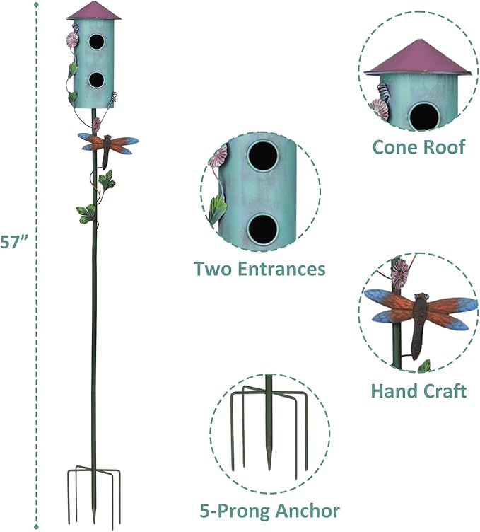 BAYN 57” Bird Houses Stake for Outside, Metal Wild Bird Feeder Double-Hole Birdhouse Stake with Cylinders Design Outdoor Decorations for Patio, Backyard, Garden