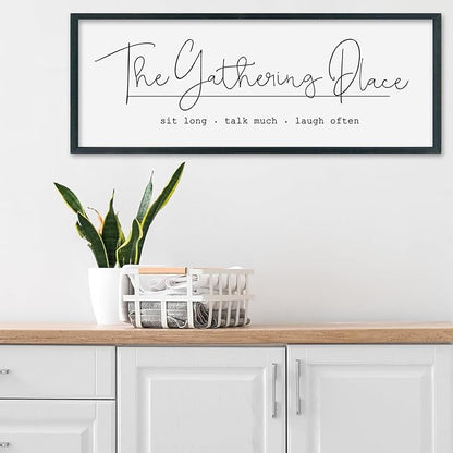 SRSZHIYUE The Gathering Place Sign Wall Decor Art 32"×12" for Large Kitchen Dining Room Wood Framed Wall Hanging (Black)