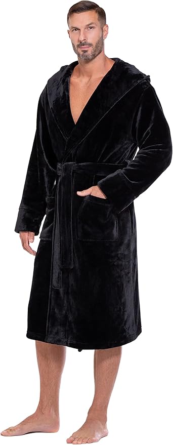 Turquaz Plush Robes For Men, Soft Fuzzy Hooded Mens Bathrobes, Long Comfy Robe For Men