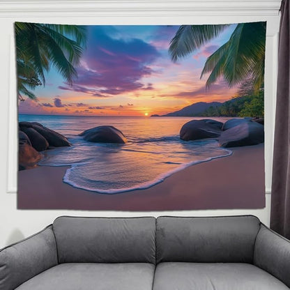 keowhsf Beach Sunset Ocean Tapestry – Tropical Palm Trees Wall Decor with Warm Orange Sky, Summer Seaside Landscape Wall Hanging for Bedroom Living Room Dorm