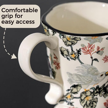 360ml -12.17oz Painted Floral & Bird Ceramic Mug - Cute Coffee Cup for Latte, Espresso - Gift for Women, Dishwasher Safe