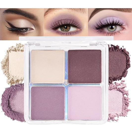 4 Colors Light Violet Pink Purple Brown Eye Shadow Powder Palette Makeup, Neutral Matte Shimmer Quads Eyeshadow Palette for Women Highly Pigmented Waterproof, paleta de sombras de ojos,Vegan 02