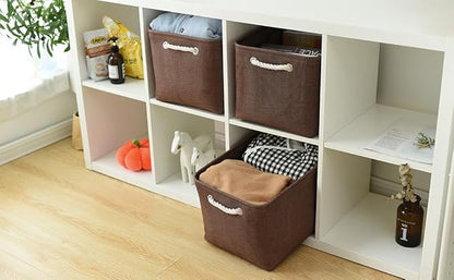 TheWarmHome Organization and Storage Basket for Shelves - 3 Pack 16x12x12 inch Fabric Storage Cubes, Cube Storage Bin for Organizing Closet Cloth Organizer Gift Toy (White & Brown)
